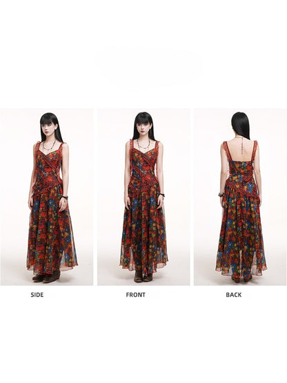 Cascading Dye Straps with Ribbon Red Slip Plaid Floral Dress Ruffles Tie