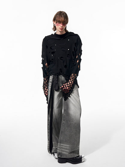 Hoodie Men's Knit Hollow-out Bead with Black Embellishments