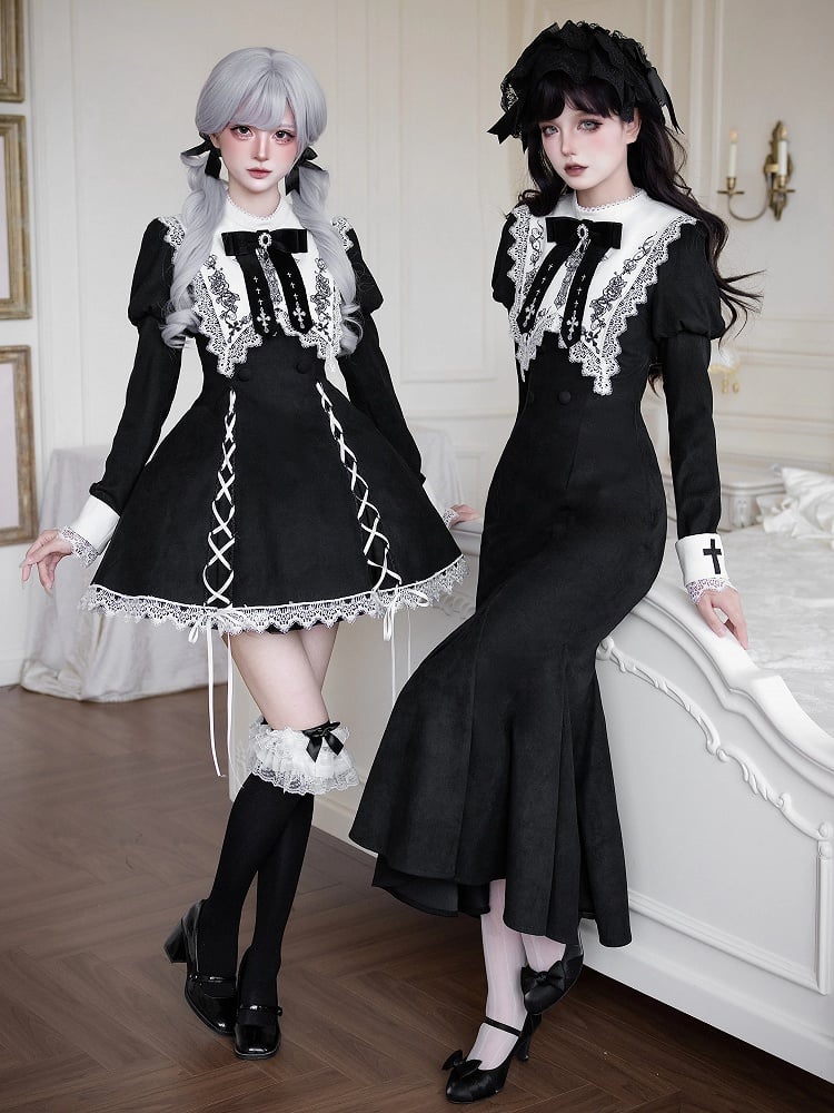 Dress Collar Embroidered Square Neckline + Short White Lolita Black Brooch Bowknot
