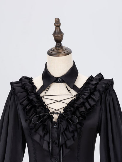 All Black Lace-up Ruffled V-neck Long Sleeves Backless Shirt - DevilInspired Exclusive Collection