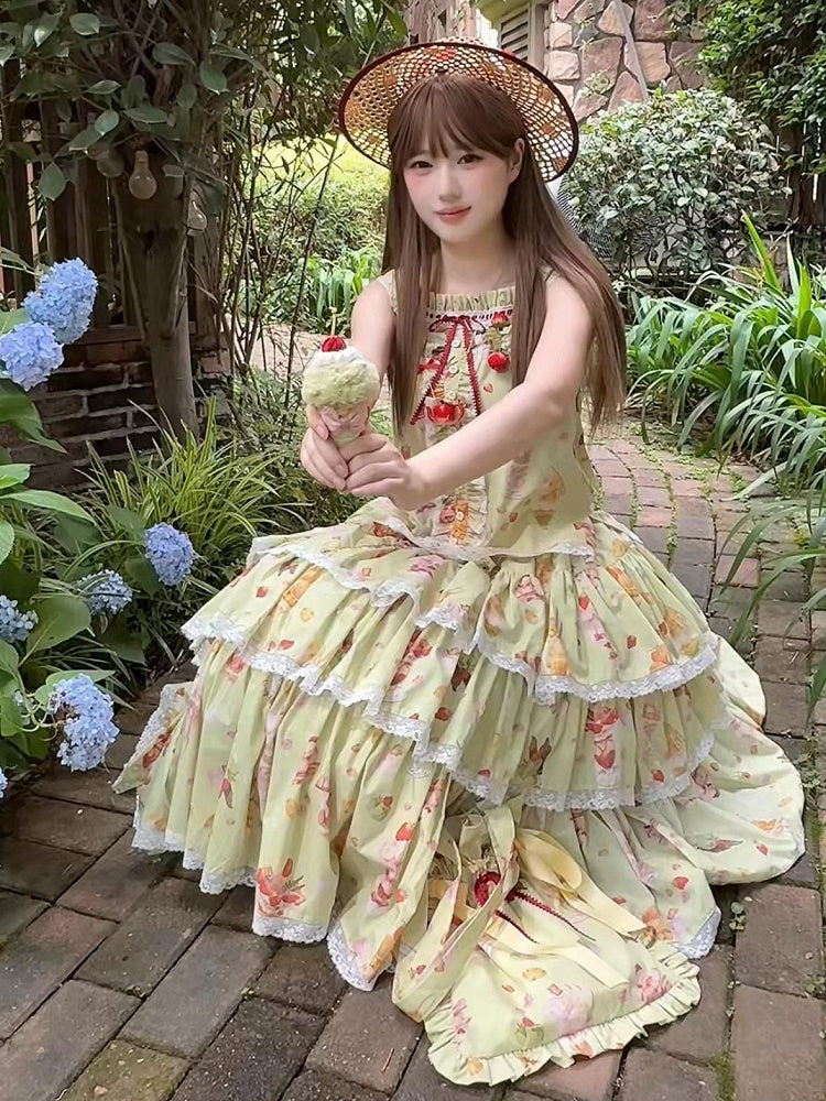 Print Fruit Green Summer Parfait Top Cami