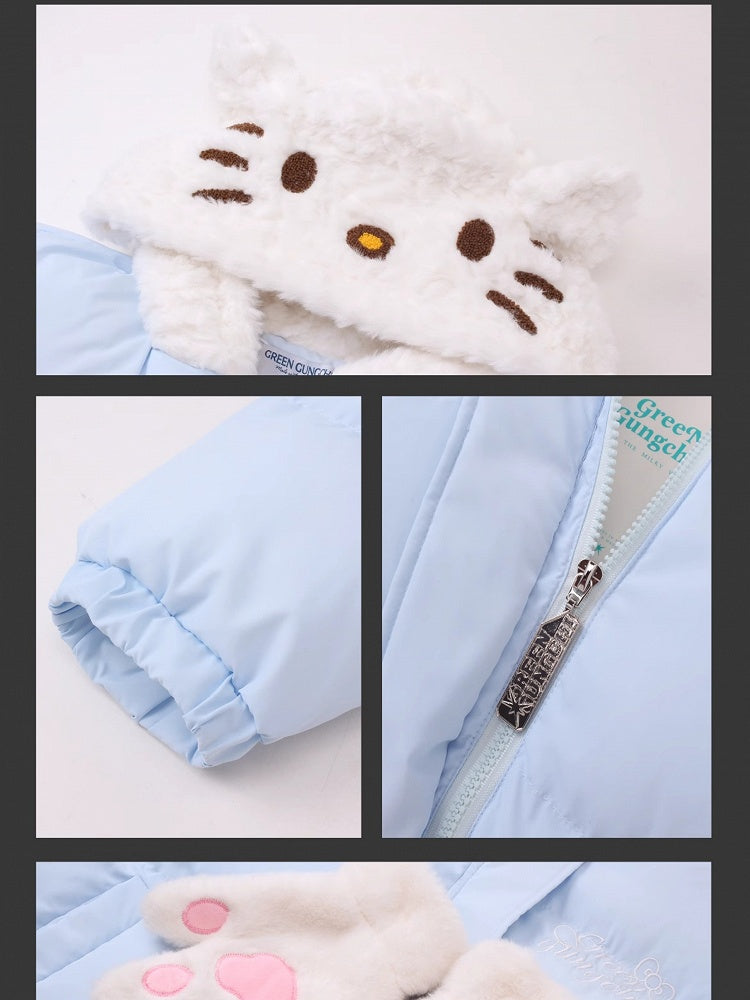 Weiße/rosa/hellblaue Kätzchen-Plüsch-Kapuzenjacke mit dicker Kapuze