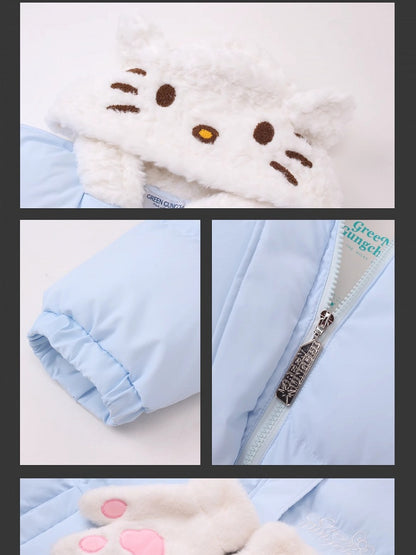 Weiße/rosa/hellblaue Kätzchen-Plüsch-Kapuzenjacke mit dicker Kapuze