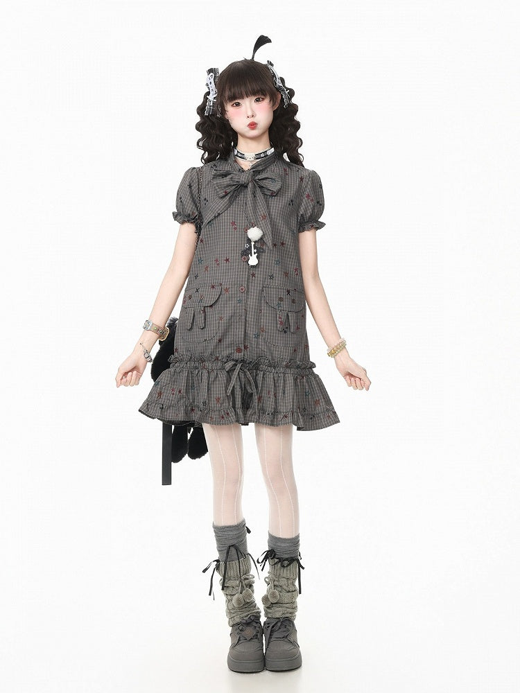 Gray Star Print Plaid Puff Sleeve Dress with Bow & Bunny Ear Pockets - Languid Park