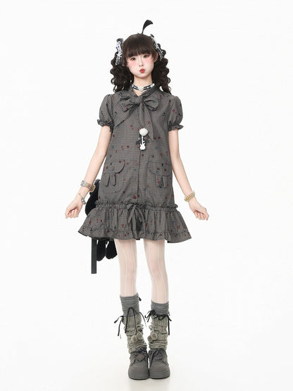 Gray Star Print Plaid Puff Sleeve Dress with Bow & Bunny Ear Pockets - Languid Park