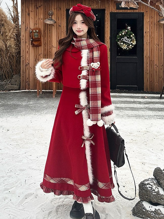 Elegant Plaid Classic + Lolita Skirt Hem Trim Fur Ruffle Scarf Faux Top Set Red