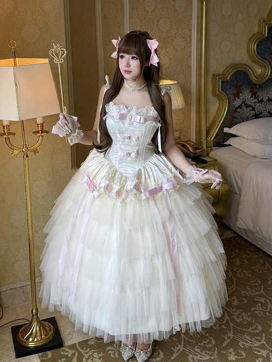 Elegant Beige Pink Layered Tulle Lolita Dress with Bow Accent - Diamond Honey