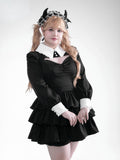 Black White Jirai Kei Collared Tiered Ruffle Dress Shorts Set - Fluffy Heart