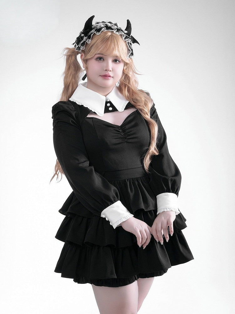 Black White Jirai Kei Collared Tiered Ruffle Dress Shorts Set - Fluffy Heart