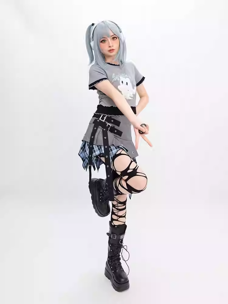 Blue Plaid Handkerchief Hem Gray Buckle Y2K Straps Skirt