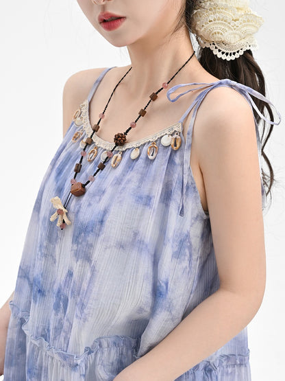 Shell Charm Neckline Dye Tassel Hem Tie Dress Loose Slip Blue Chiffon