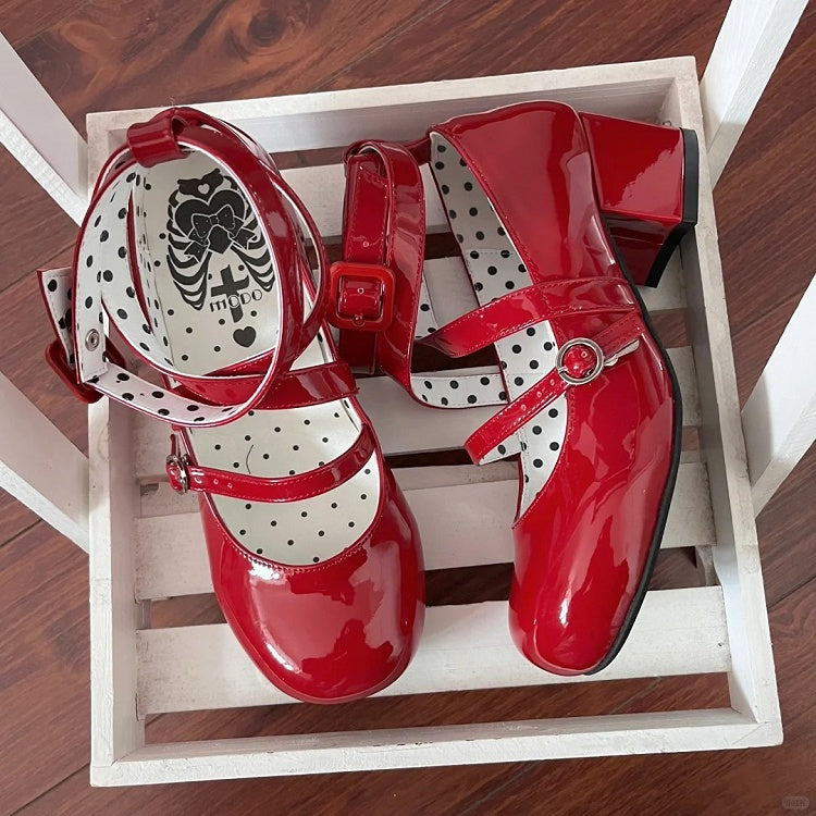 Accent Bow Crisscross Heels Mid Red Design Sweet Toe Round - Lolita