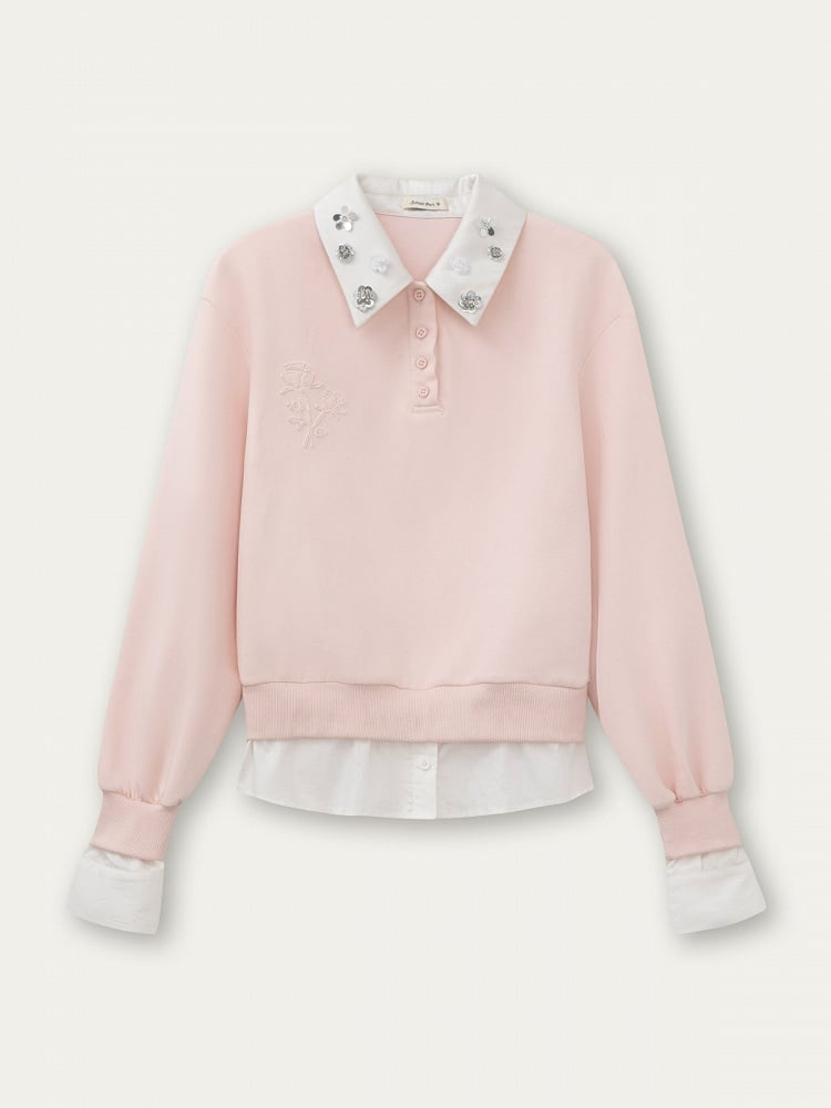 with Pink and Two-piece Faux Kawaii Embroidery Accents Rose Rhinestone Shirt
