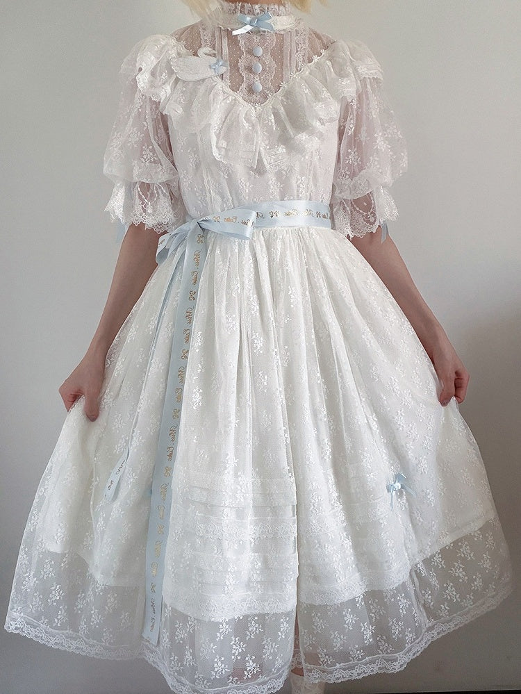 Blue and White Lolita OP Gown with Edward Collar, Sheer Lace and Ribbon Trims - Miss Cube Dressworks