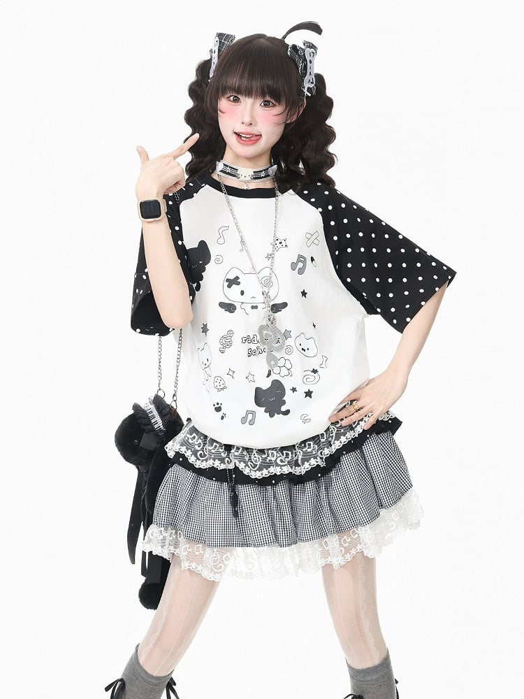 White Crew Neck Short Sleeve T-shirt with Kitten & Polka Dot - Languid Park