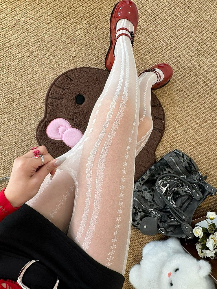 Floral Black/White Striped Y2K Tights