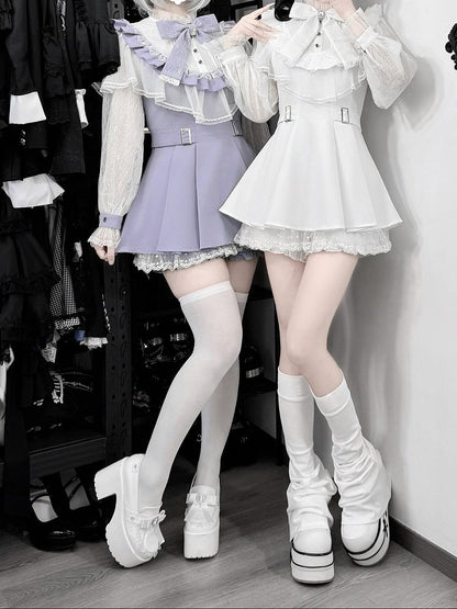White Cape Design Long Sleeve Dress with Lace and Shorts Set - Faded Dolls