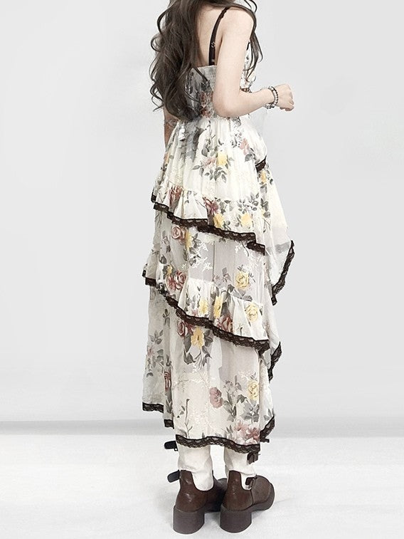 Bell Skirt Cami White Holiday Sleeves Brown With High-low Dress Floral Cardigan