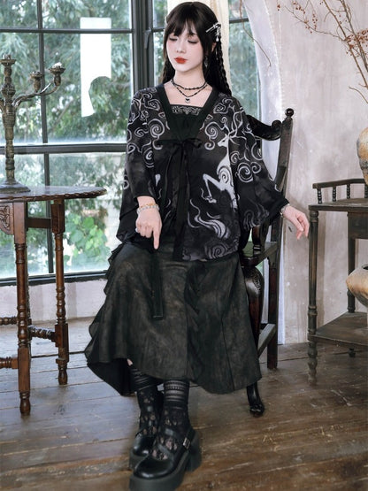 Chinese Gothic Black Chiffon Cardigan with Deer Print - Quirky Hut