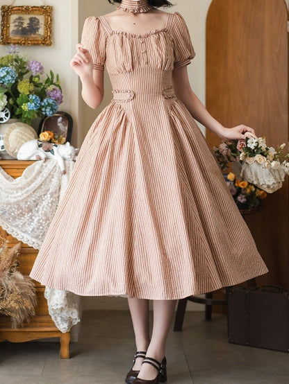 Stoff Puff Quadrat Ärmel Orange Vintage Retro Gestreiften Ausschnitt Kleid Mode