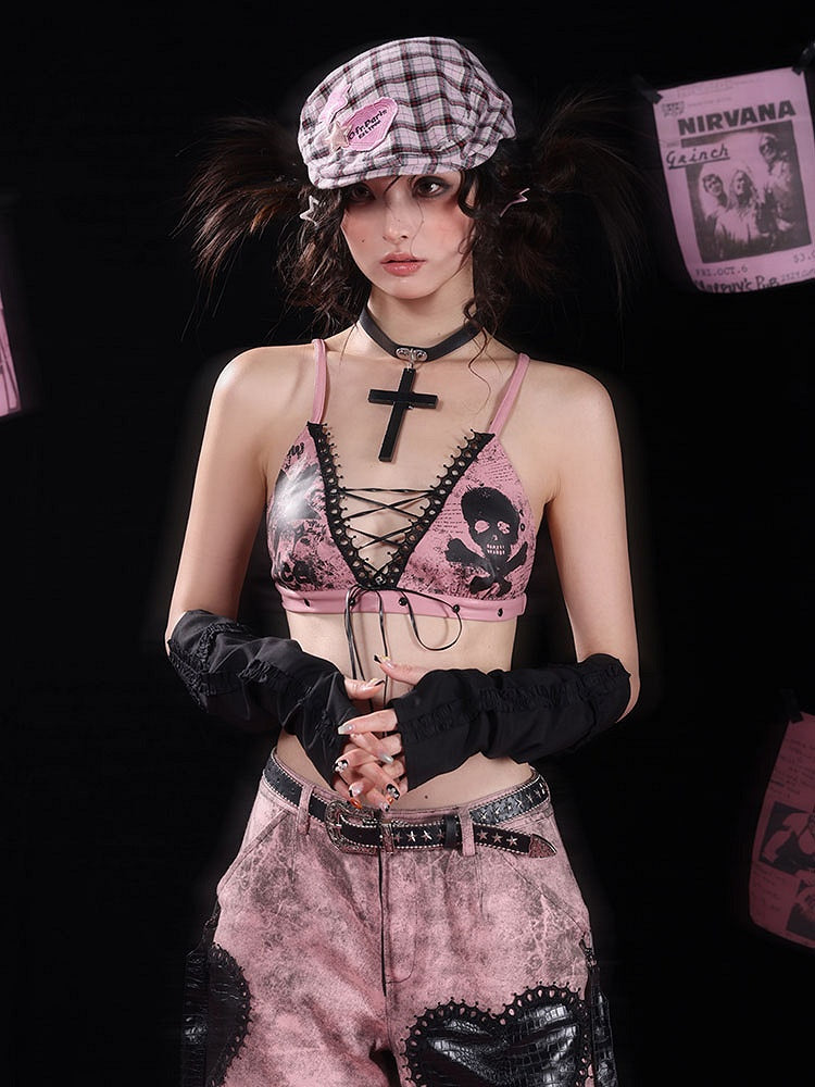 Edgy Pink Punk Bra with Skeleton Prints  Criss-cross Lace-up
