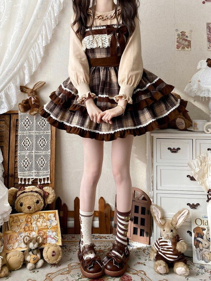 Braunes Lolita-Kleid mit Karomuster und hoher Taille, Herbst- und Winter-Lolita-Pulloverrock