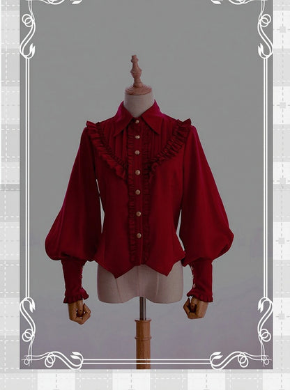 Wine Red Vintage Flounce Hem Elegant Lolita Blouse with Puff Sleeves