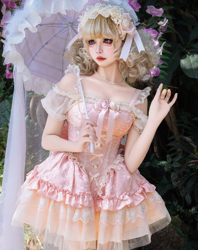 mit JSK Big Bow Fabric Hime Lolita Balletcore Pink Puffy Dress mit baskischer Taille und Jacquard-Schleppe