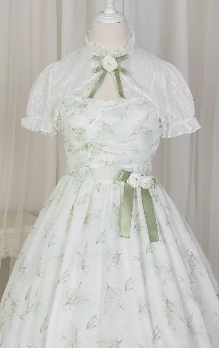 Light Green Lily of the Valley Print Handkerchief Hem Dress + Bolero