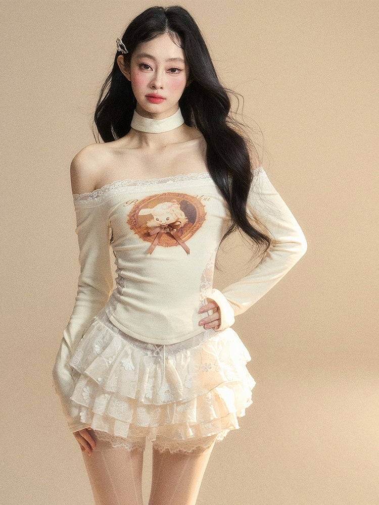 Lamm Print Taille Glamouröse Top Patches Apricot Off-the-Shoulder Spitzenausschnitt