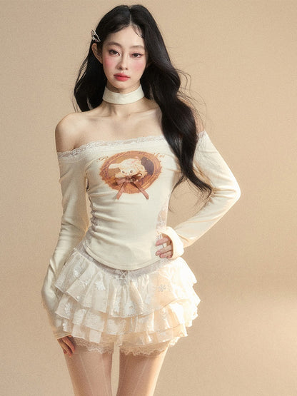 Lamm Print Taille Glamouröse Top Patches Apricot Off-the-Shoulder Spitzenausschnitt