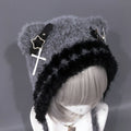 Beanie Buckle Ears with Knit Cross Bear Accents Gray Plush