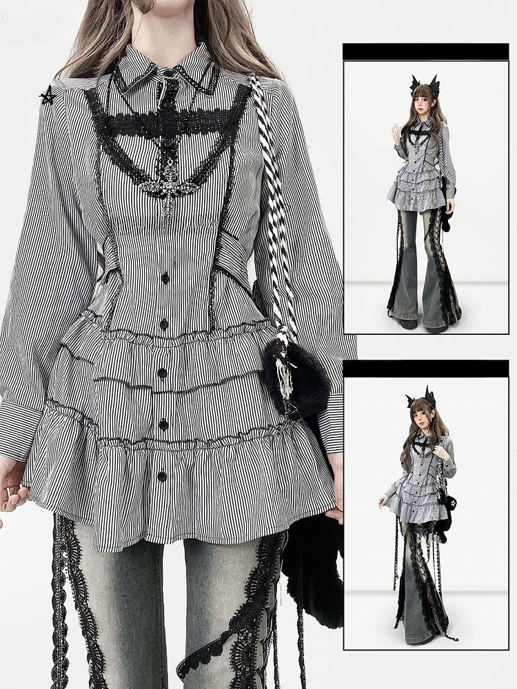 Strap Shirt Bittersweet Stripe Self-tie Black -