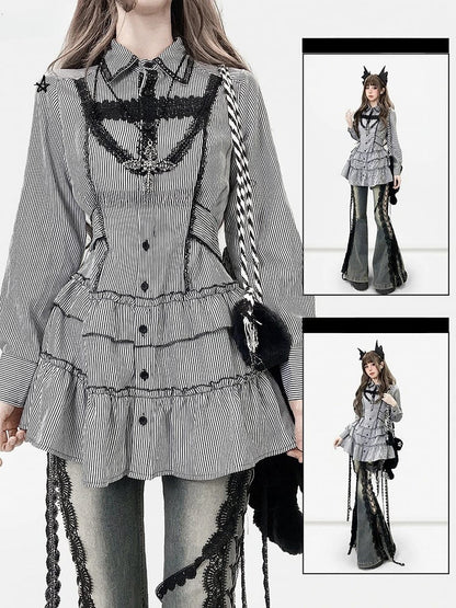Strap Shirt Bittersweet Stripe Self-tie Black -