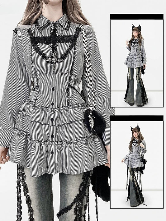 Strap Shirt Bittersweet Stripe Self-tie Black -