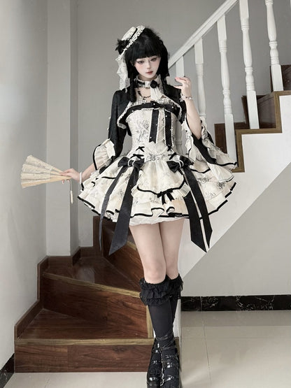 Black Elegant Jacquard Cardigan with White Ruffled Edge - Magic Skirt Cat