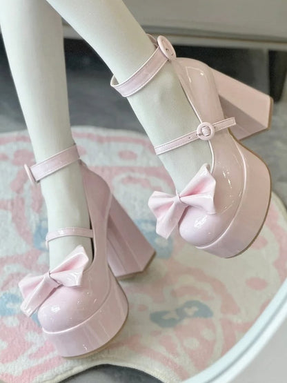 Platform with Buckle Mary PU Polished Classic Janes Circle Lolita Detachable for Pink Bow - High-heel