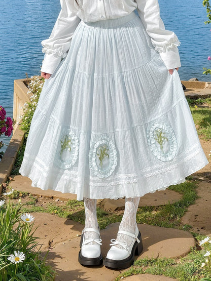 Skirt Light Blue Lily-of-the-Valley Embroidered Lace Trim Cutton