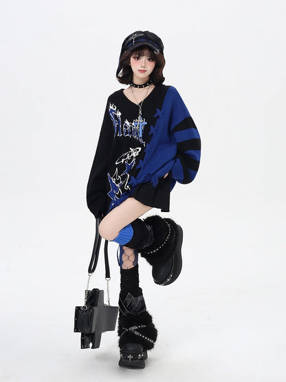 in V-Neck Sweater with Colorblock / Hem Detail and Blue Lace-Up Black Red Distressed