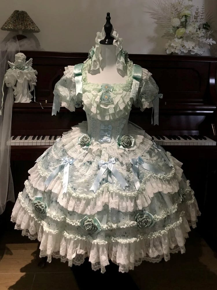 Lolita with Hime Accents Multi-Layered Ruffle Green Puffy Dress Rose