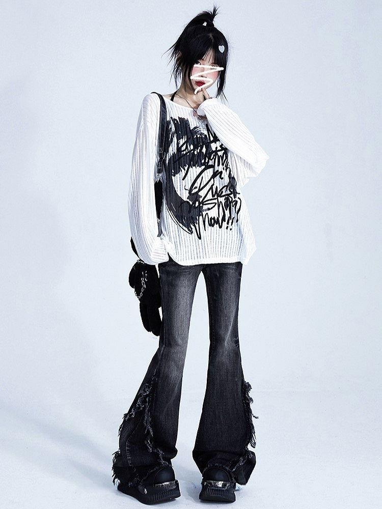 Seams Side with Wash Raw Hem Low-Waisted Black Flare Jeans Vintage