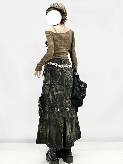 Punk Cargo Skirt with Faded Wash and Pockets - ReddaChic