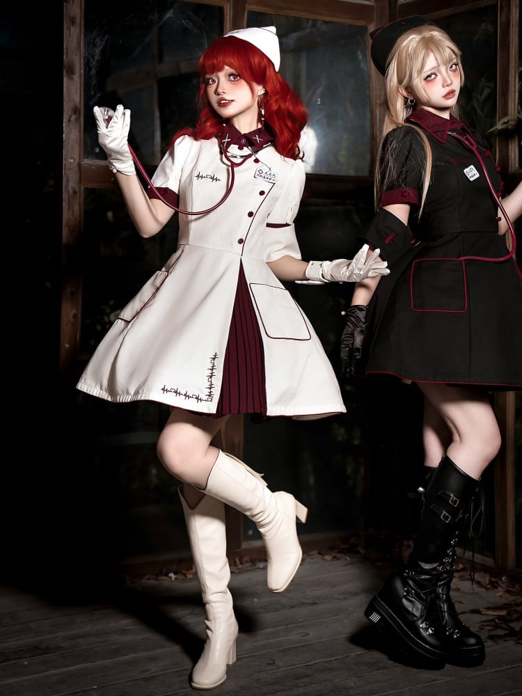 Weißes und rotes Halloween-Kostüm, Krankenschwester-Lolita-Kleid, komplettes Set