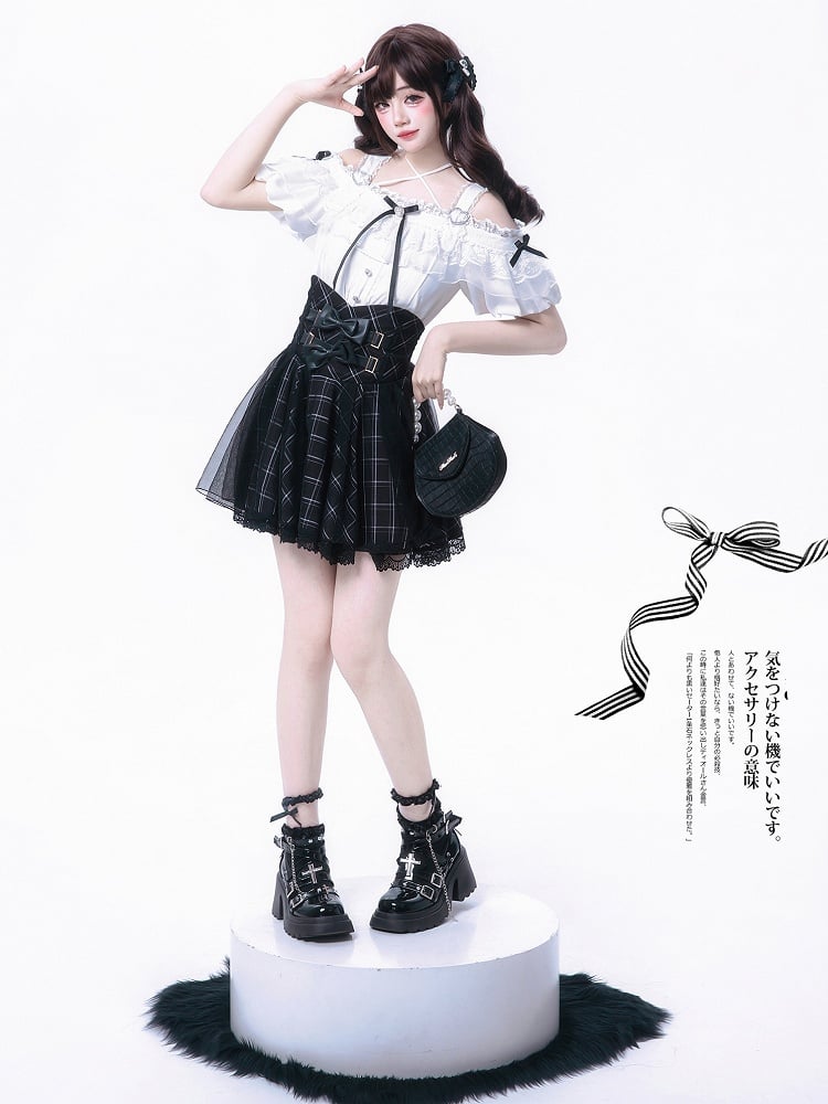 Bow Black Dual Skirt Jirai with Overlay Accents Plaid Layered High Waist Kei