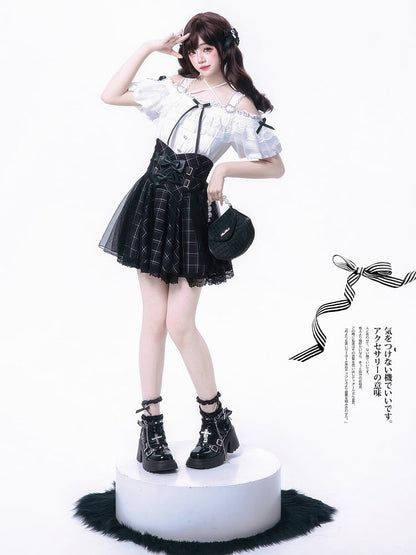 Bow Black Dual Skirt Jirai with Overlay Accents Plaid Layered High Waist Kei