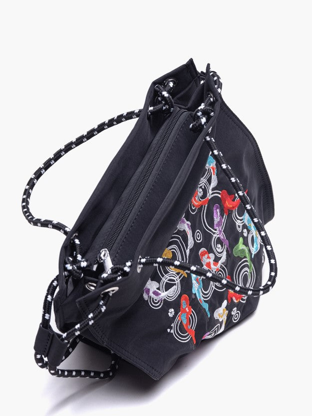 Trendy Koi Black Tote Bag With Zipper Closure And Drawstring Strap Lucky Embroidery