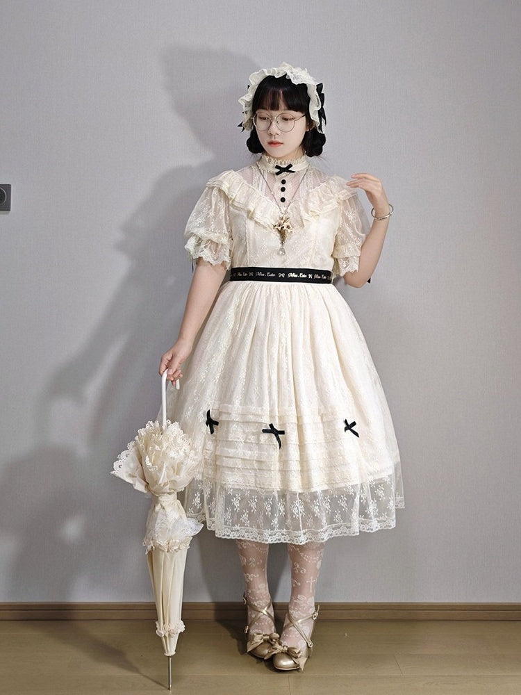 Two-Tone Beige and Black Lolita OP Gown with Edward Collar, Sheer Lace and Ribbon Trims - Miss Cube Dressworks