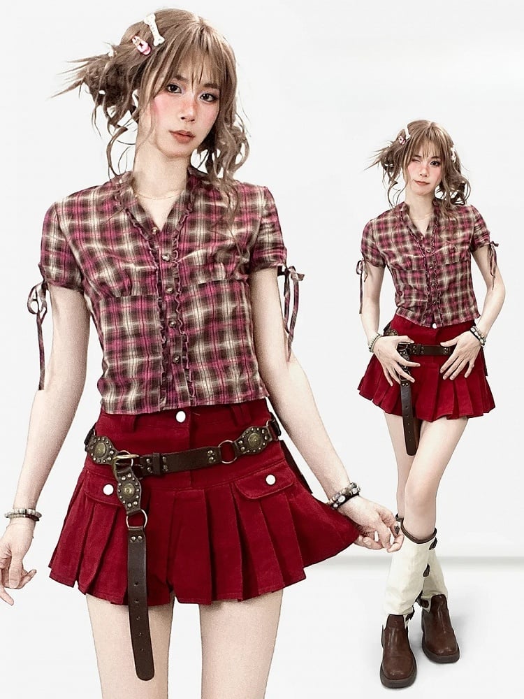 チェック柄袖フリルトリム柄シャツ Vネック Y2K ショートパンツ レッドブラウン