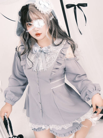 Set: Size Top Blue Elastic Jirai Light Kei Waist Cutout Plus Shorts Shoulder