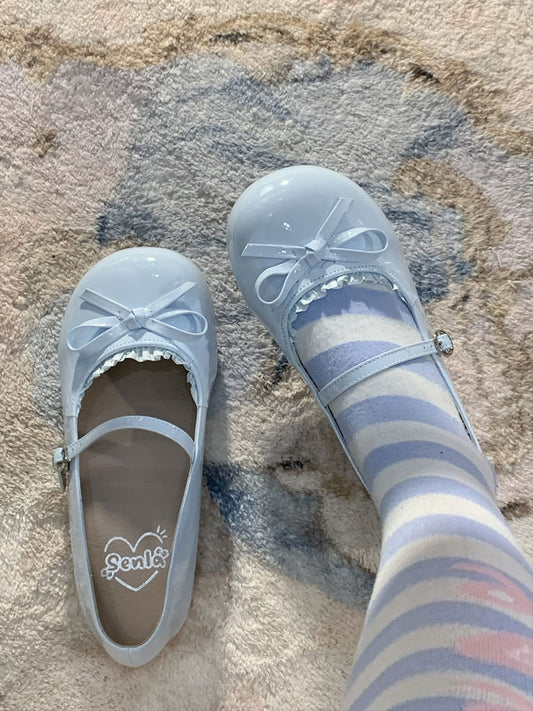 Trim Flats PU Bow Blue Baby at Lace Knotted Leather Sweet Top